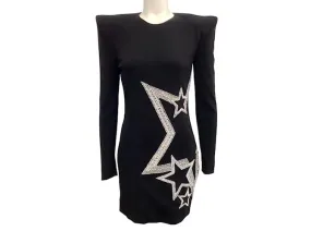 Balmain Vestido ajustado negro de manga larga con adornos de estrellas de cristal 