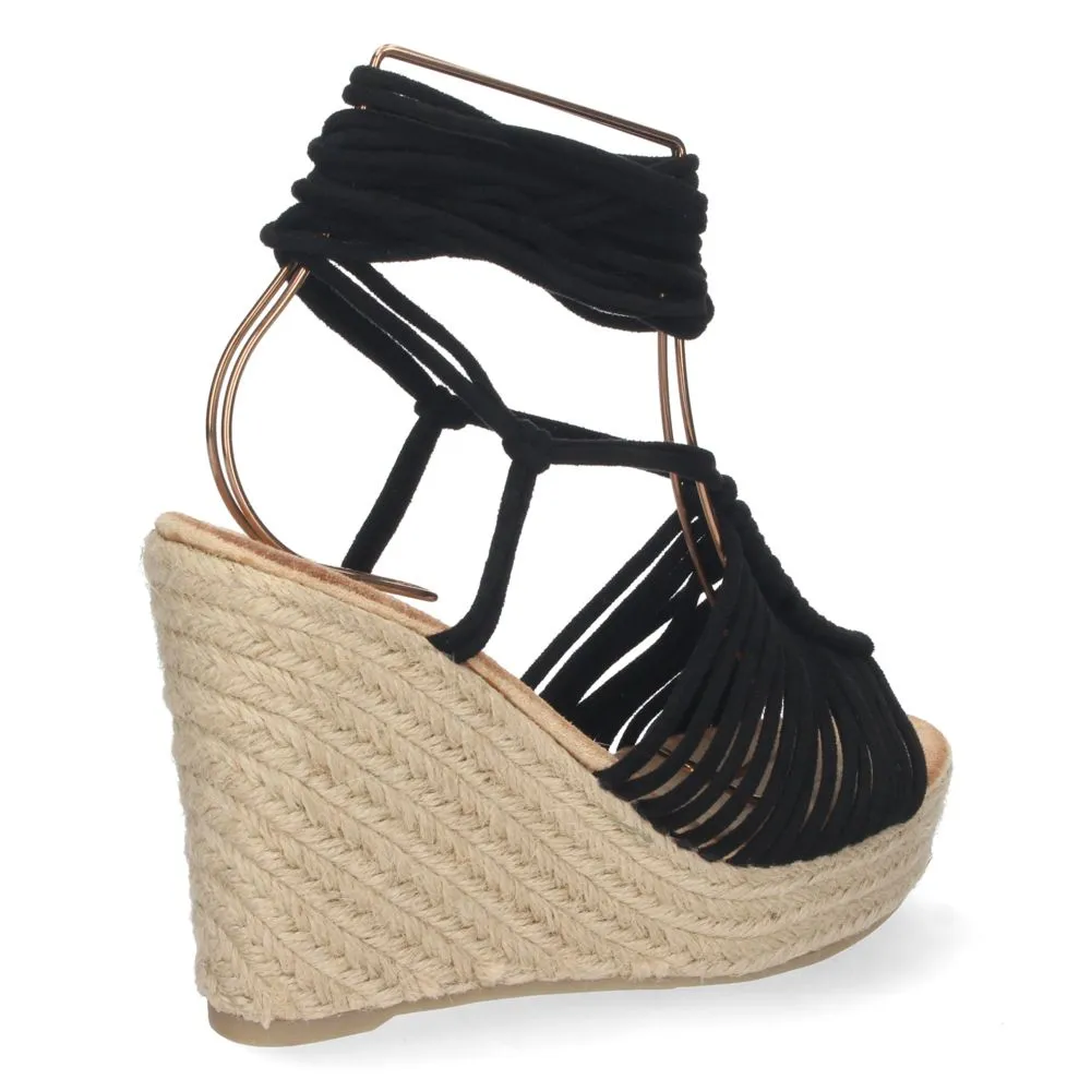 Sandalias con cuña, sandalias de mujer con suela de yute, sandalias negras, descubre los cupones des