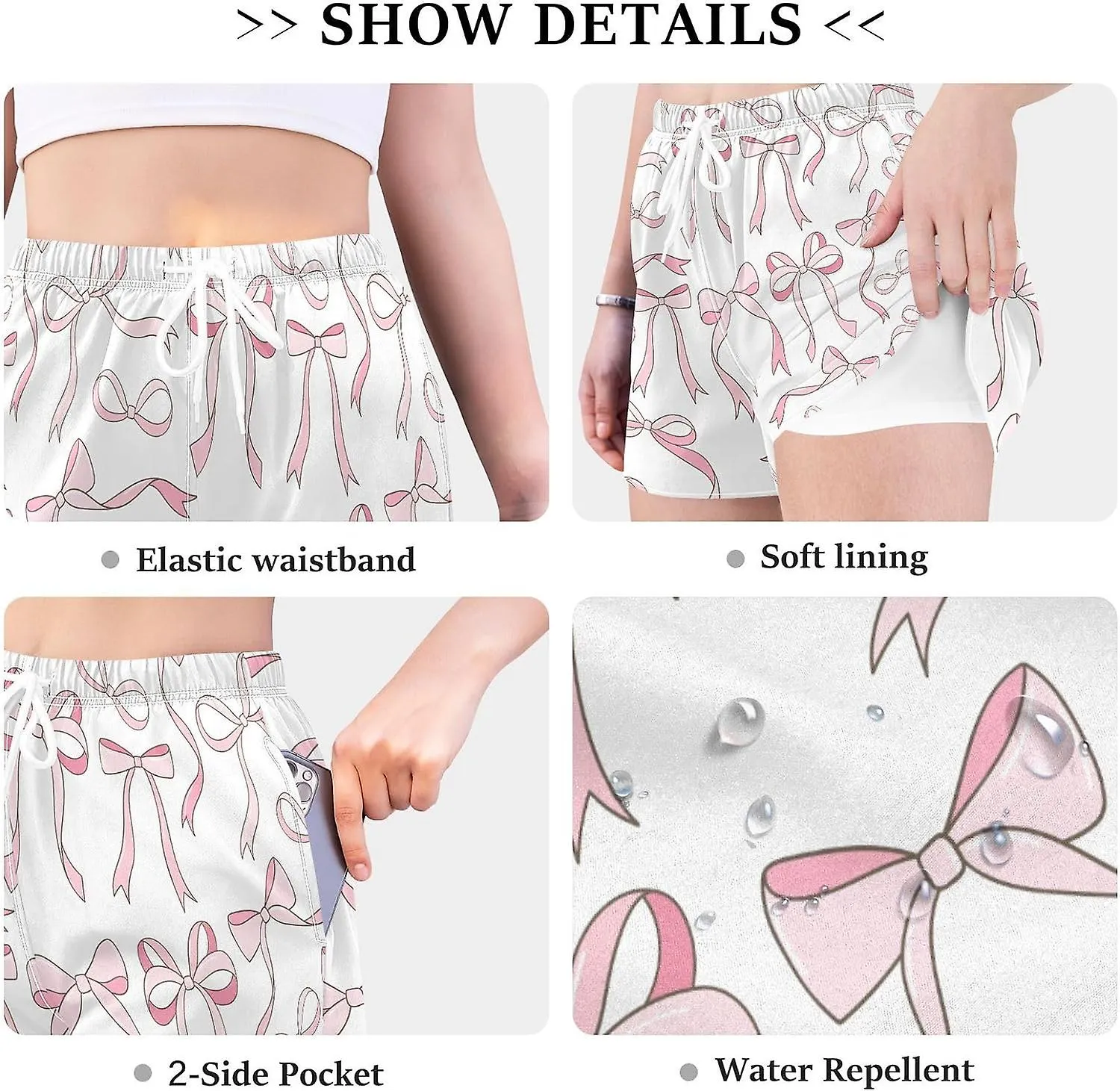 Women's Athletic Shorts Pink Ribbon Bows Love Workout Running Gym Quick Dry Liner Shorts with Pockets-Ggb79